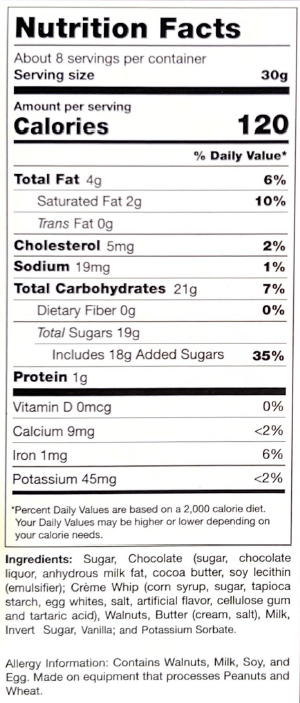 Nutrition facts of our homemade delicious chocolate walnut fudge.