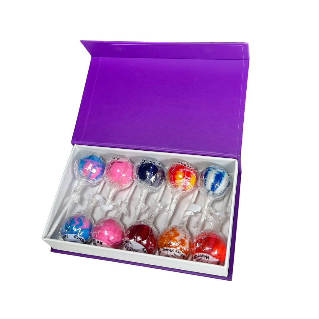 10 Gourmet signature McJak Candy lollipops in a purple & gold embossed gift box.