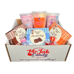 Load image into Gallery viewer, McJak's Favorites Gift Set includes: 1 chocolate fudge clam shell, 1 chocolate walnut fudge clam shell, 1 peanut butter fudge clam shell, 1 strawberry banana cotton candy, 1 unicorn cotton candy, 1 original cotton candy and 5 lollipops (cotton candy, bubble gum, wild cherry, strawberry banana, & watermelon)