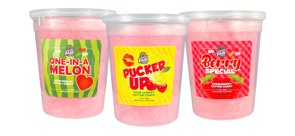 Build your own Valentine's Cotton Candy bundle including a gift set of 6 - 1.75 oz labeled cups in the flavor combination of your choice. Our Valentine's Cotton Candy includes: Pucker Up Sour Cherry Cotton Candy, One in a Melon Watermelon Cotton Candy, and Berry Special Strawberry Cotton Candy. 