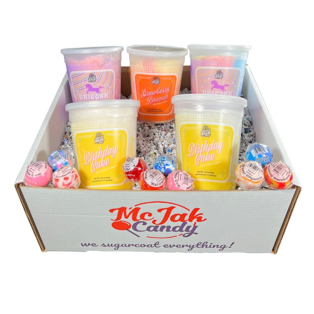Our Child's Birthday Gift Set includes: 2 birthday cake cotton candy, 2 unicorn cotton candy, 1 strawberry banana cotton candy, and 10 lollipops