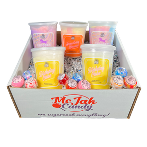 Our Child's Birthday Gift Set includes: 2 birthday cake cotton candy, 2 unicorn cotton candy, 1 strawberry banana cotton candy, and 10 lollipops