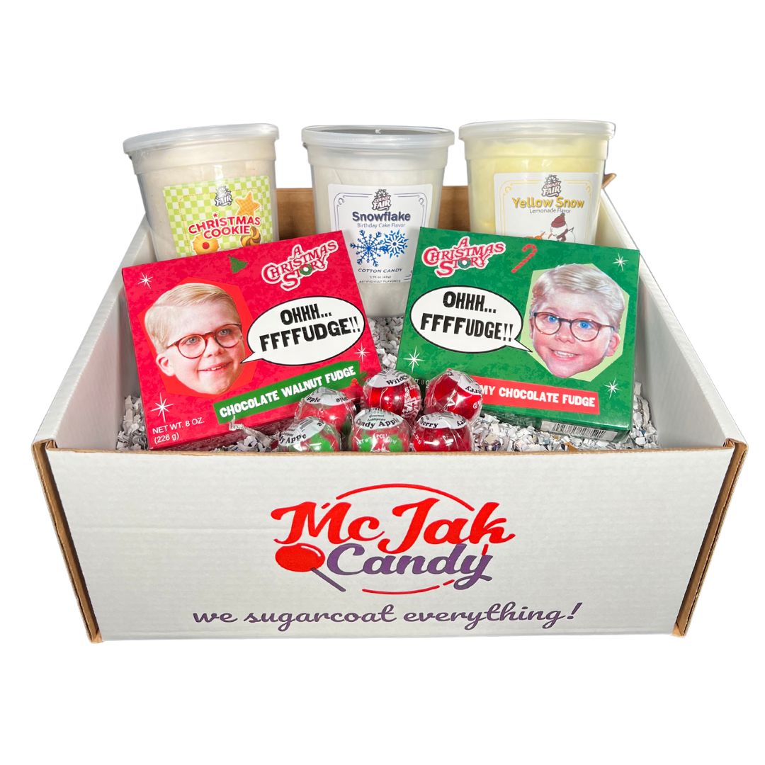 Our Christmas Gift Set includes: 1 Christmas Story chocolate fudge box, 1 Christmas Story chocolate walnut fudge box, 1 yellow snow cotton candy, 1 Christmas cookie cotton candy, 1 snowflake cotton candy & 6 lollipops (wild cherry and candy apple)