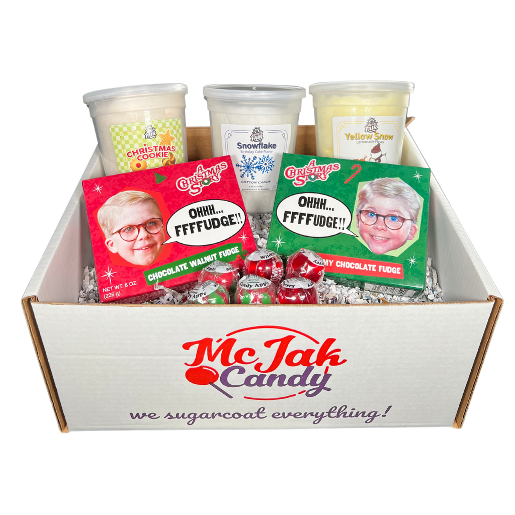 Our Christmas Gift Set includes: 1 Christmas Story chocolate fudge box, 1 Christmas Story chocolate walnut fudge box, 1 yellow snow cotton candy, 1 Christmas cookie cotton candy, 1 snowflake cotton candy & 6 lollipops (wild cherry and candy apple)