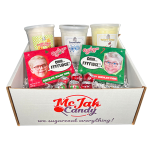 Our Christmas Gift Set includes: 1 Christmas Story chocolate fudge box, 1 Christmas Story chocolate walnut fudge box, 1 yellow snow cotton candy, 1 Christmas cookie cotton candy, 1 snowflake cotton candy & 6 lollipops (wild cherry and candy apple)