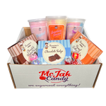 Load image into Gallery viewer, McJak&#39;s Favorites Gift Set includes: 1 chocolate fudge clam shell, 1 chocolate walnut fudge clam shell, 1 peanut butter fudge clam shell, 1 strawberry banana cotton candy, 1 unicorn cotton candy, 1 original cotton candy and 5 lollipops (cotton candy, bubble gum, wild cherry, strawberry banana, &amp; watermelon)
