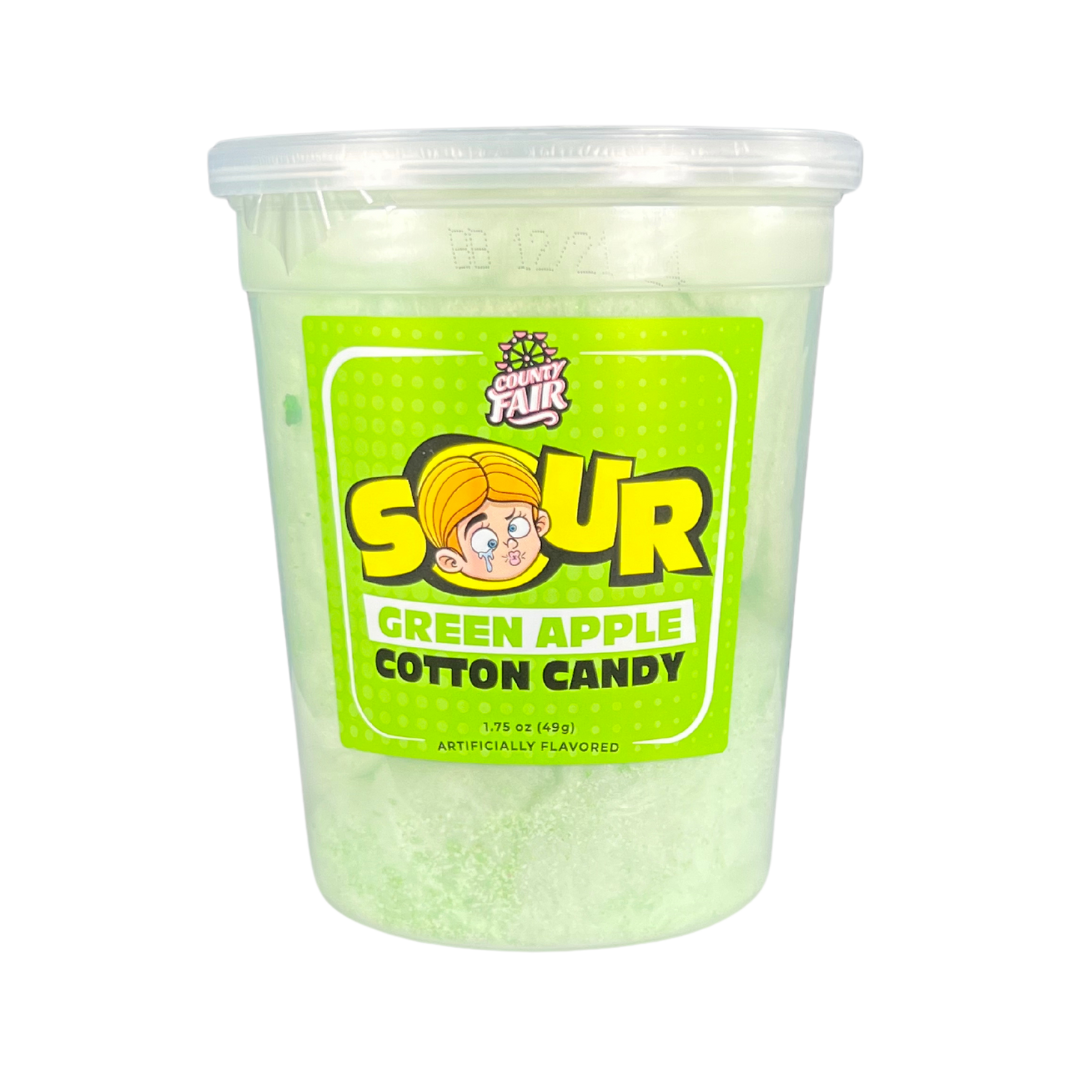 Cotton Candy with a bit of a cheek sucking punch! Our Sour Cotton Candy has the same extreme sour taste as your favorite sour candies. Get ready to make those taste buds burst with our Sour Green Apple Cotton Candy! Enjoy a delicious green apple taste with a sour explosion!