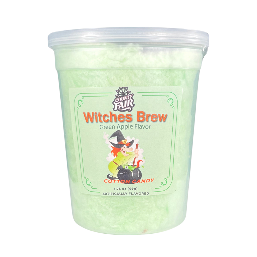 Double, double toil and trouble, fire burn and cauldron bubble…we gave our munchkins a needed day off and let the witches concoct this cotton candy. Sour green apple flavor with a surprise at the bottom of the cup. 