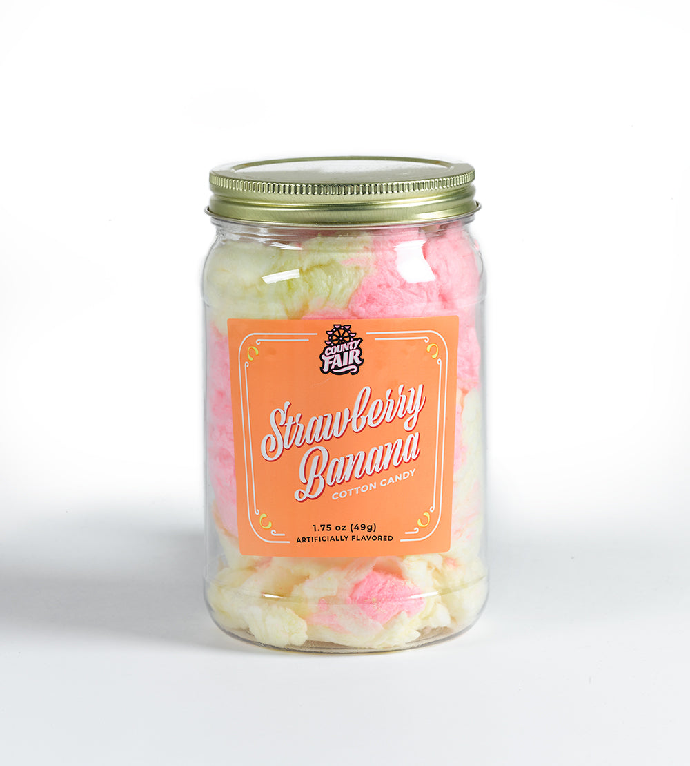 Enjoy a mason jar filled with flavor twists of ripe strawberry and tropical banana, you are guaranteed to love our strawberry banana cotton candy.